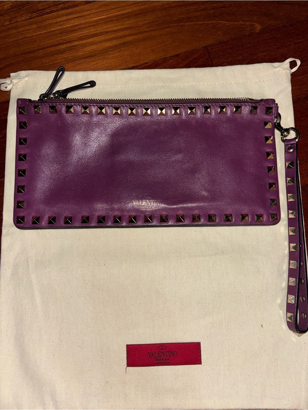 Valentino Purple Rockstud Leather Wristlet Clutch
